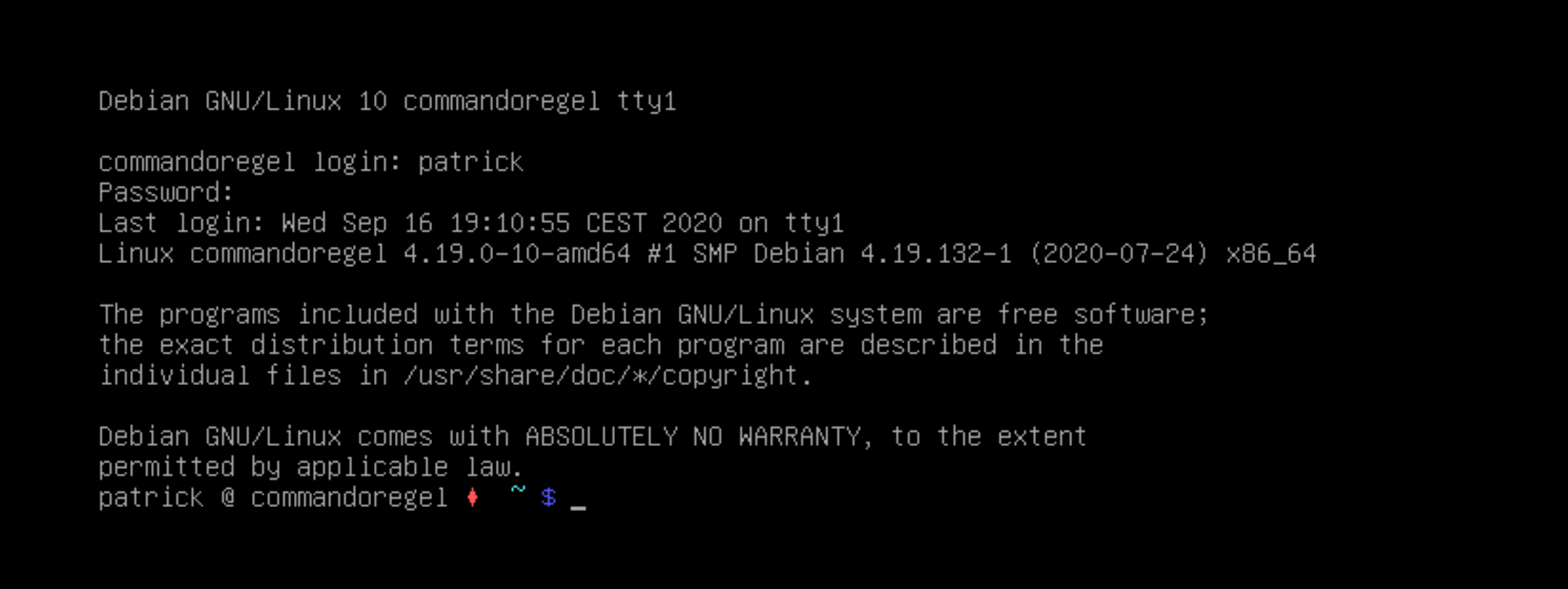 De commandoregel van Debian GNU/Linux 10 (Buster)