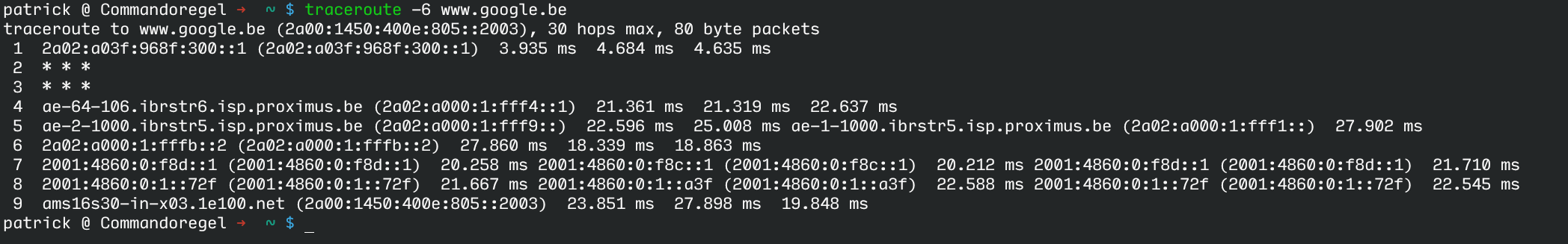 $ traceroute -6 www.google.be