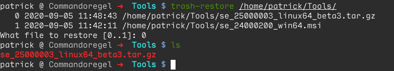 $ trash-restore /home/patrick/Tools/