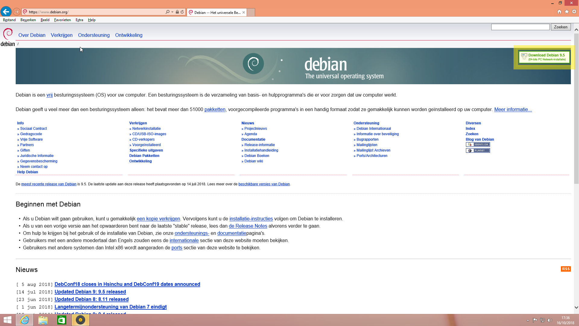 Debian GNU/Linux project pagina met download link voor net-installer ISO